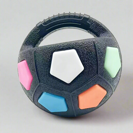 Rubber ball with colorful geometric shapes and measurements on a white background