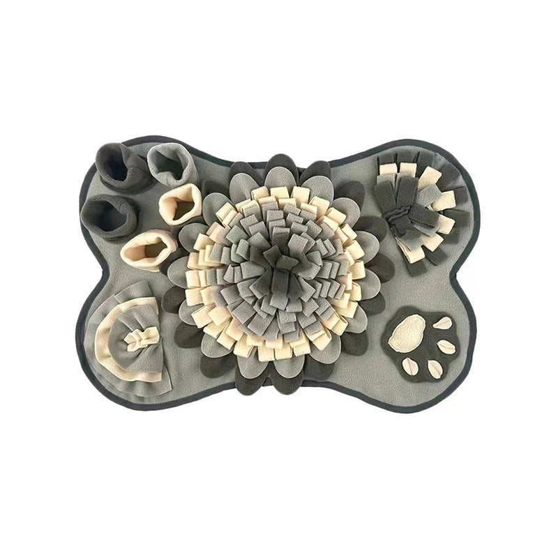 Gray paw-shaped pet toy with floral design and paw prints on a white background