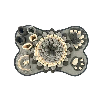 Gray paw-shaped pet toy with floral design and paw prints on a white background